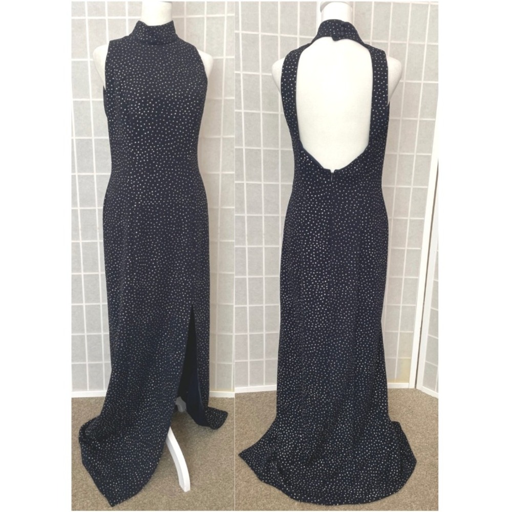 Cache Y2K Navy Silver Sparkle Backless Maxi Gown 10 Formal Prom HoCo NYE Vintage